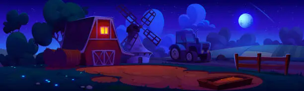 Vector illustration of Night farm yard with tractor under starry sky