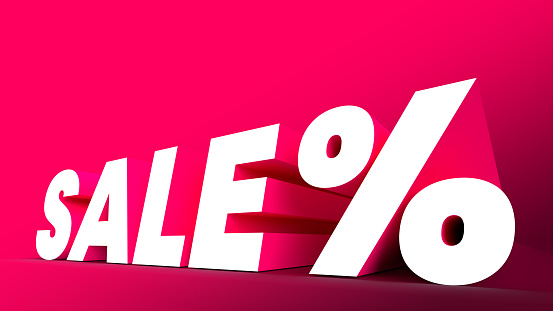 Sale and percent 3d sign. Perspective. Clean pink background.