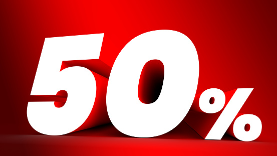 50 percent sign. White letter on red background. 3d. Copy space.
