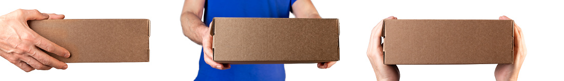 Hands holding, giving abstract cardboard box, carton package isolated on white background.