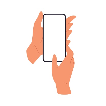 Finger tapping on mobile phone, blank smartphone screen. Clicking on cellphone. Flat vector illustration isolated on white