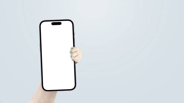 istock Dog paw holding smartphone mock up on isolated background. Smartphone, creative idea. Funny animal shows the phone 2018098787