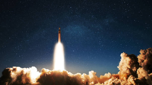 istock Rocket with clouds of smoke and blast successfully takes off into the starry sky. Spaceship launching to a new space mission. Technology, science and transport, concept 2018098954