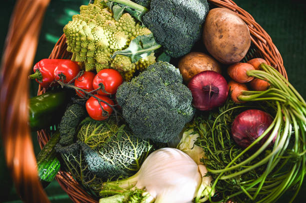 istock basket with biological, bio products vegetables. 2018099071