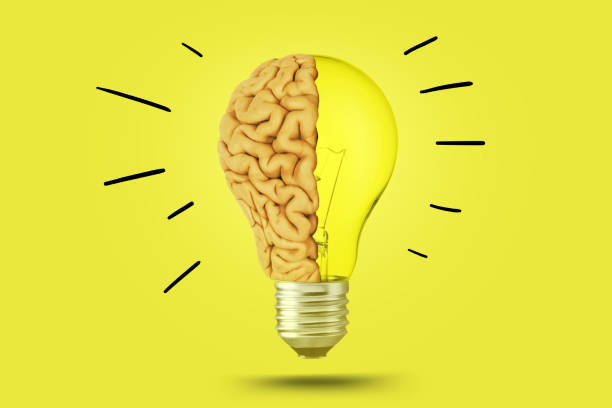 creative brain light bulb shining on bright yellow color background, concept. think differently, creative idea. brainstorm - brain lightning brainstorming intelligence stock-fotos und bilder