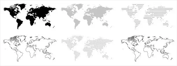 Vector illustration of World Map variants. Black and grey world map on isolated background. Vector illustration.