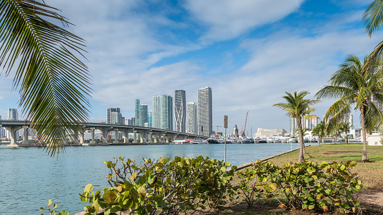 Miami, Florida, USA - February 13, 2024: Panoramic view of a massive concentration of luxury and pleasure boats and yachts next to Miami Downtown.