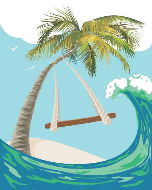 Vector illustration of Sea landscape with swing on a palm tree