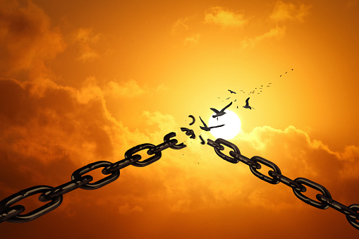 Metal chains break and birds fly at sunset in the sky, concept. Freedom and change, creative idea. Rights and law. Liberal. Motivation and hope