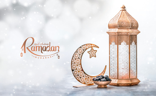 Ramadan Kareem greeting background, Moroccan lantern lamp with dates and crescent moon, Iftar concept greeting image