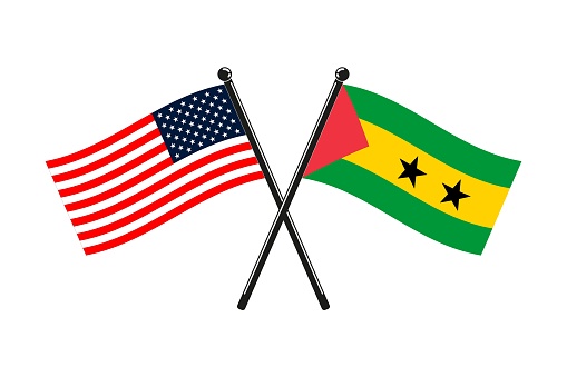 national flags of Republic of Sao Tome and Principe and Usa crossed on the sticks in the original colours