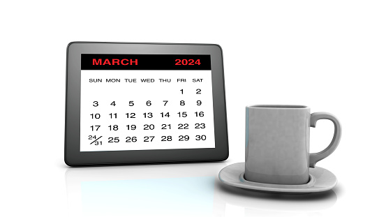 March 2024 calendar on Tablet PC and Coffee Cup