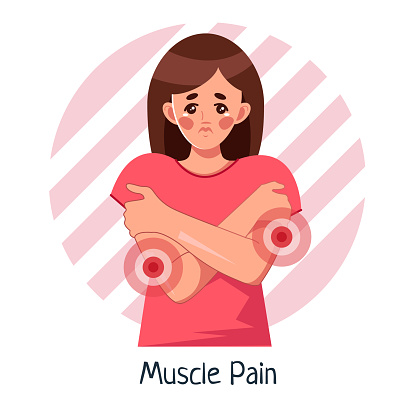 A sick woman with muscle pains and aches all over her body. Intoxication of the body, cold, flu. Vector medical illustration in cartoon style, isolated on a white background