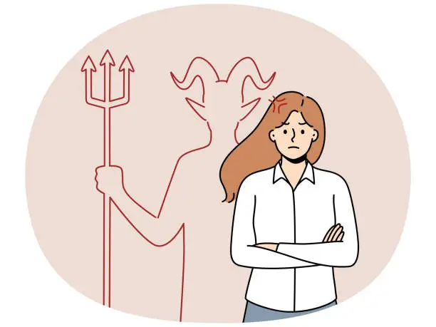 Vector illustration of Angry businesswoman with devil behind back