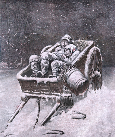 Vintage illustration Caught in a snow storm, Deaths from Cold, The little chimney sweeps around Fougeres, 1890s, 19th Century