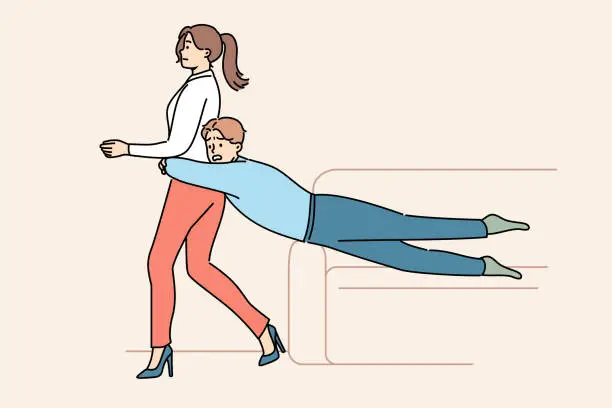 Vector illustration of Guy is trying to hold back wife wants to get divorce or go to party on own, sliding off sofa