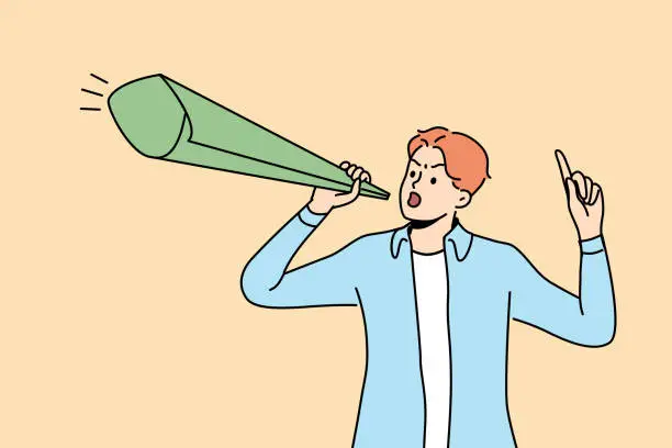 Vector illustration of Man protests against unfair distribution money and class inequality, holding paper megaphone