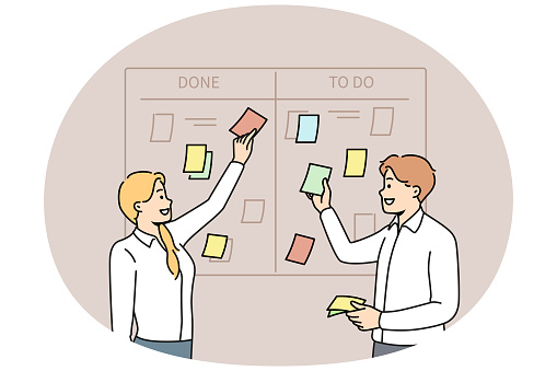 Smiling businesspeople brainstorm manage tasks on scum board in office. Happy employee discuss business projects at workplace. Teamwork and time management. Vector illustration.