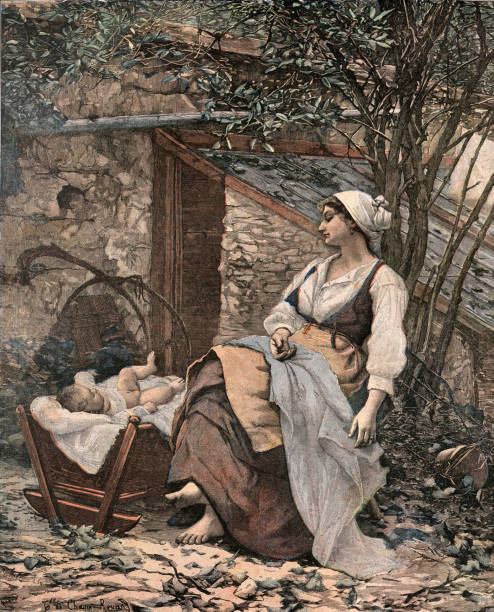 Vintage illustration Young Mother, Painting by Madame de Cham-Renaud, French, 19th Century