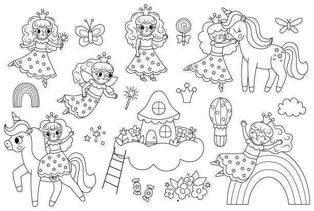 wektor czarno-biały zestaw wróżek. czarodziejka z linii fantasy z magiczną różdżką, koroną, jednorożcem, tęczą, domem na chmurze. kolekcja postaci z bajkowej linii. kolorowanka kreskówka magiczna księżniczka - wróżka postać fikcyjna stock illustrations