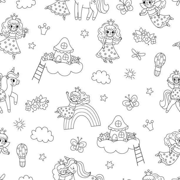 Vector illustration of Vector fairy black and white seamless pattern. Fantasy sorceress repeat background with magic wand, crown, house on cloud. Fairytale line digital paper. Magic princess backdrop, coloring page