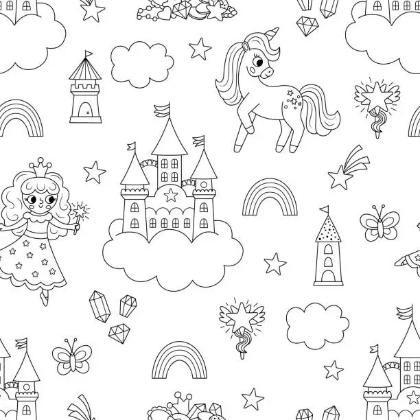 Vector illustration of Vector black and white seamless pattern with unicorn and fairy. Repeat line background with fairytale characters, castle, rainbow, falling star, crystal. Fantasy world digital paper, coloring page