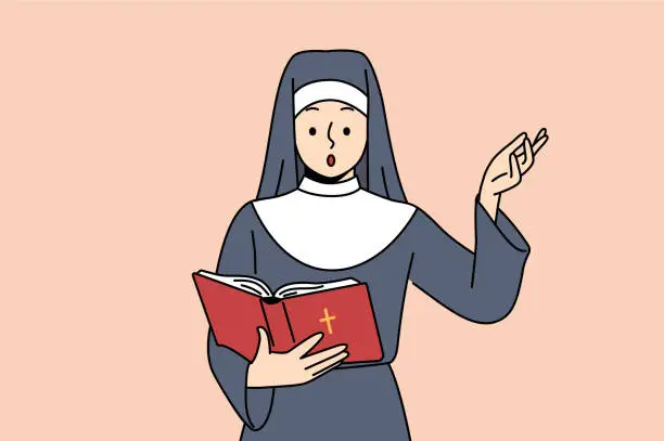 Vector illustration of Nun reads bible and raises hand in surprise after learning history of emergence of christianity
