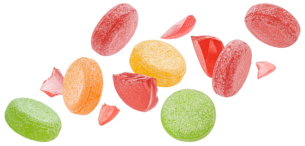 Fruit caramel, hard candy collection, round sweet lollipops isolated on white background