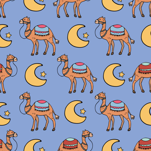 a seamless pattern 와, 낙타, 와, 초승달 벡터 배경 illustration - backgrounds repetition sand desert stock illustrations