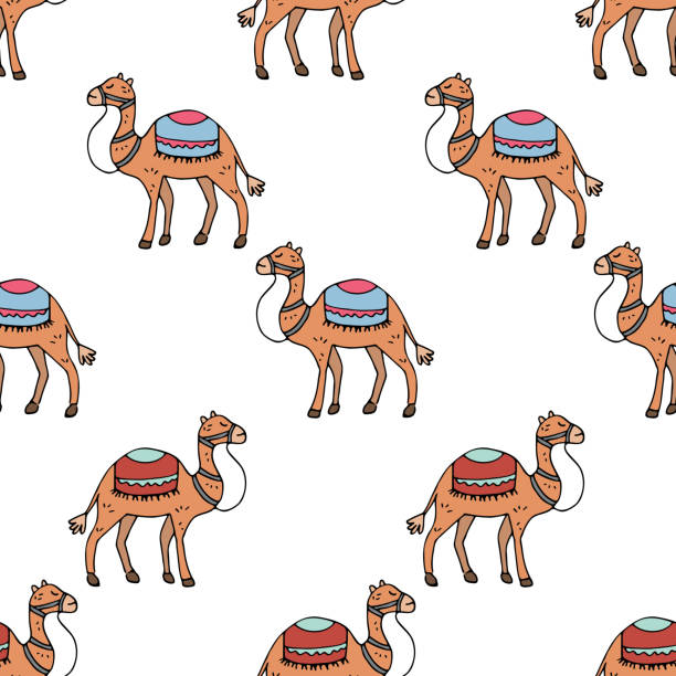 a pattern with camels vector background illustration design for fabric, wallpaper, packaging, textile - backgrounds repetition sand desert stock illustrations