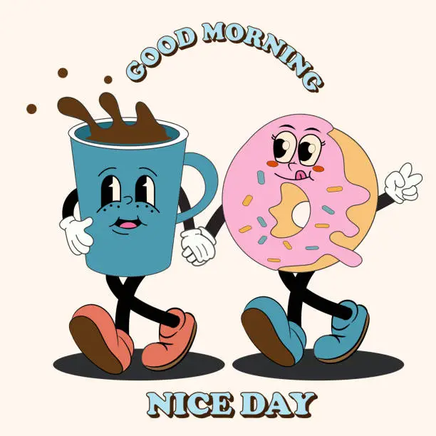 Vector illustration of Funky groovy cartoon character Coffee, Donut banner. Vintage funny mascot patch psychedelic
