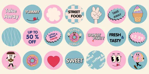 Vector illustration of Donut and Coffee retro cartoon fast food stickers. Comic character, slogan, quotes