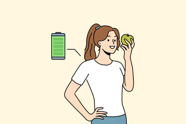 Vector illustration of Woman eats fresh apple to recharge with energy and vitamins from fruit bought at farmers market