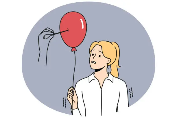 Vector illustration of Huge hand pierce balloon in woman hand