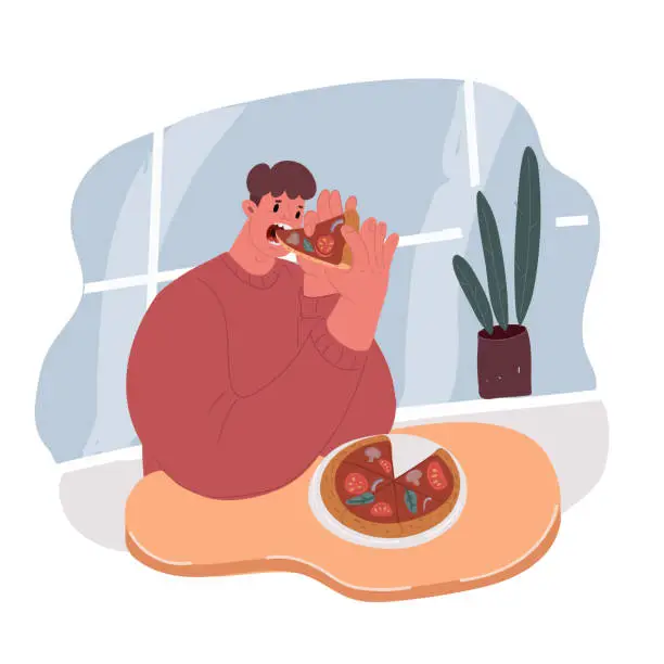 Vector illustration of Vector illustration of man eating a big slice of pizza and holding pizza in box