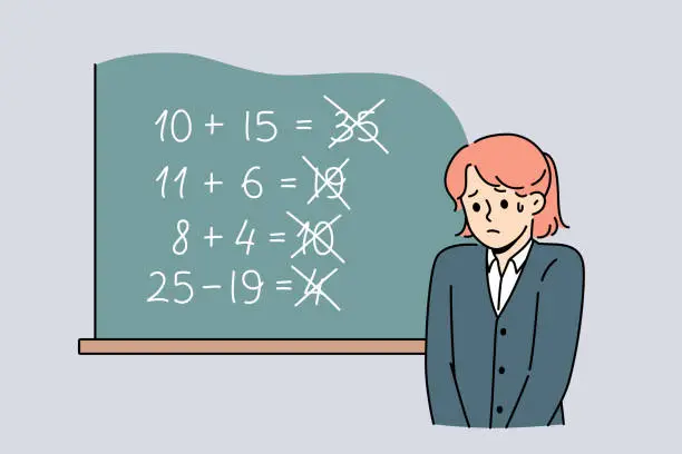 Vector illustration of Upset schoolgirl stands near blackboard, sad because of mistakes in solving mathematical examples