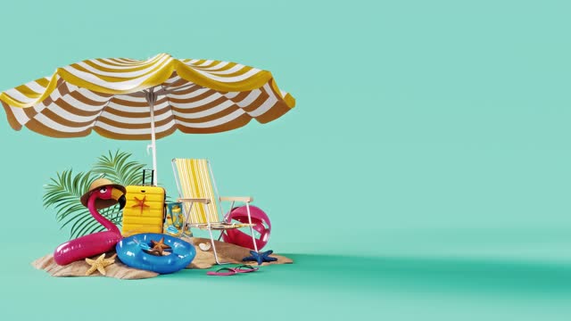 Summer travel concept. Parasol with beach chair and travel accessory on turquoise blue background with copy space.