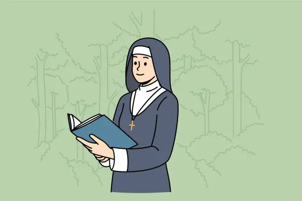Vector illustration of Woman nun with holy book stands in park, dressed in cassock for religious service in temple