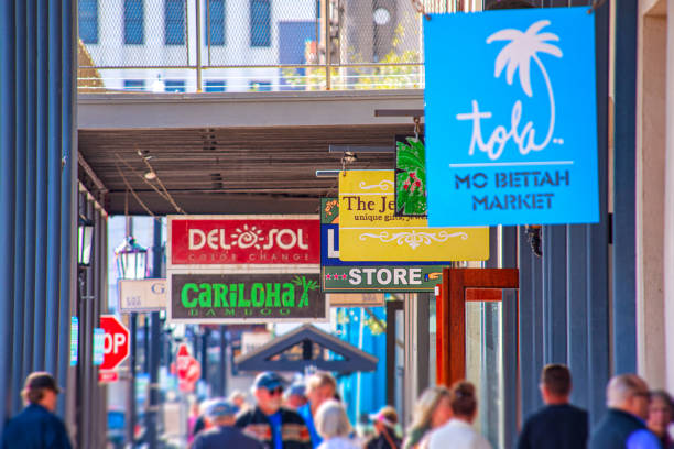A variety of shoppes and specialty stores lining the streets of downtown beautiful Galveston, Texas housed in 19th century historic buildings.
