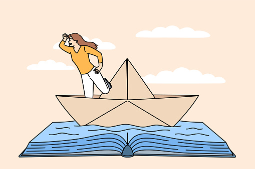 Woman bookworm fantasizes about sailing and traveling around world on ocean, standing in paper ship floating on book made of water. Bookworm girl is about to have adventures like literature characters
