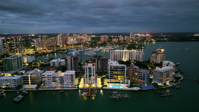 Sarasota, Florida Skyline and Waterfront at Night Aerial
