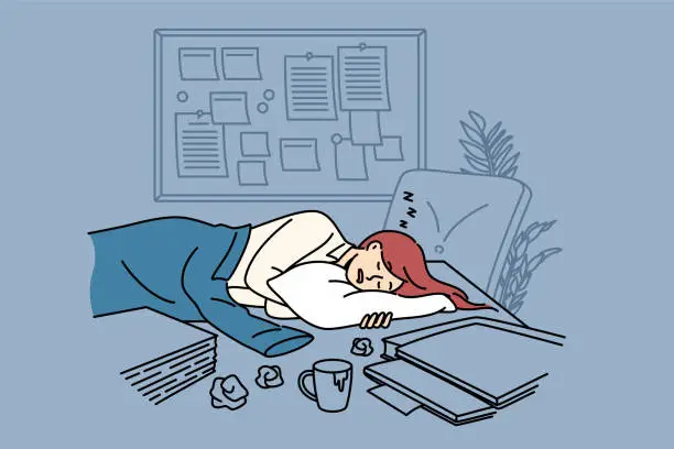 Vector illustration of Tired businesswoman sleeps on office desk among papers and kanban board, due to strict deadlines