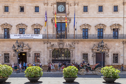 Palma de Mallorca, Spain, July 23, 2018; Facade of the Town Hall of Palma de Mallorca.