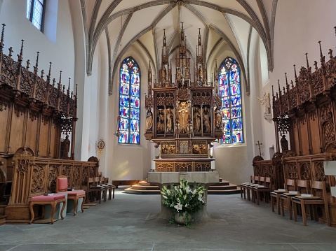 Aigues-Mortes, Gard, Occitania, France. July 4, 2022. Interior of the Notre-Dame-des-Sablons church in Aigues-Mortes.