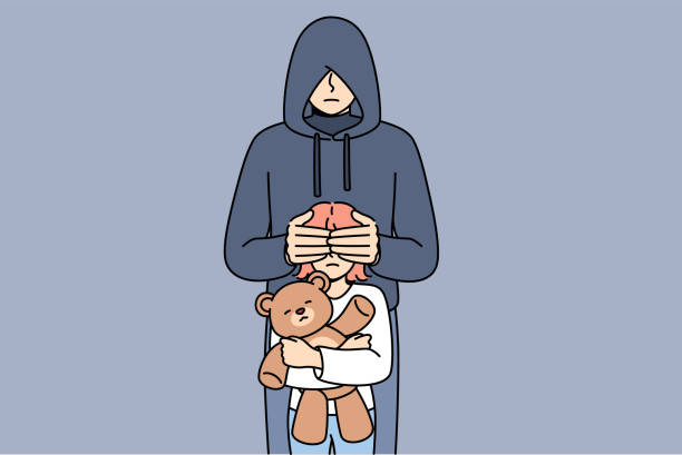 illustrations, cliparts, dessins animés et icônes de un maniaque ferme les yeux d’une petite fille avec un jouet pour enfants, pour un message d’intérêt public contre la pédophilie - objet dintérêt public