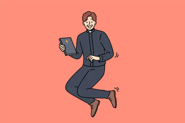 Vector illustration of Joyful catholic priest jumps up with bible in hands, inviting you to temple for sunday worship