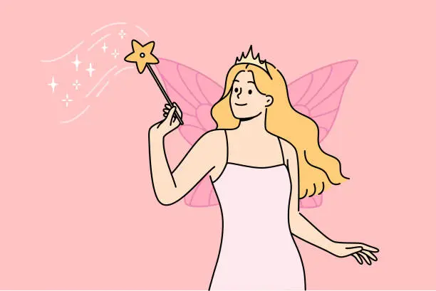 Vector illustration of Fairy woman with wings behind back and magic wand performs magic, dressed in dress and crown