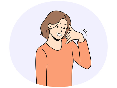 Smiling woman show call me hand gesture. Happy girl demonstrate callback ask to dial or make phone call. Body language. Vector illustration.