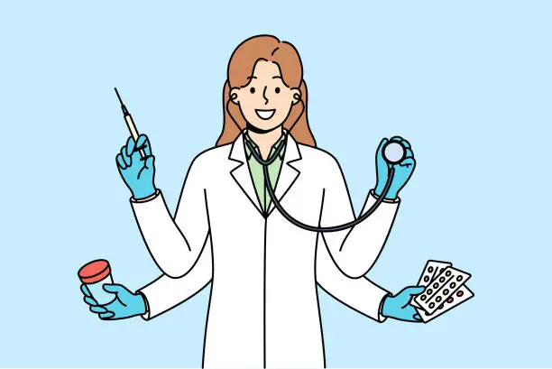 Vector illustration of Multi-armed woman doctor is ready to simultaneously diagnose and treat patient who comes to clinic