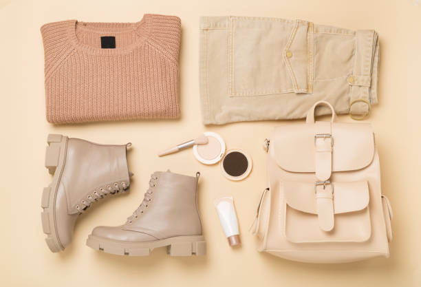 istock Flat lay with trendy spring outfit on color background, top view 2018382890